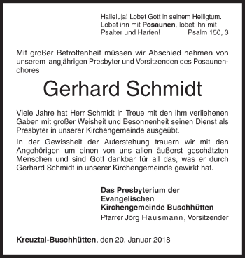 Traueranzeige von Gerhard Schmidt von Siegener Zeitung
