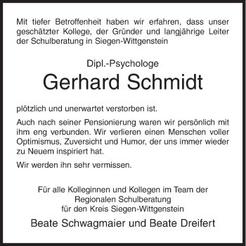 Traueranzeige von Gerhard Schmidt von Siegener Zeitung