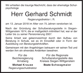 Traueranzeige von Gerhard Schmidt von Siegener Zeitung