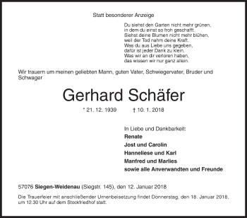 Traueranzeige von Gerhard Schäfer von Siegener Zeitung