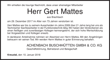 Traueranzeige von Gert Mattes von Siegener Zeitung