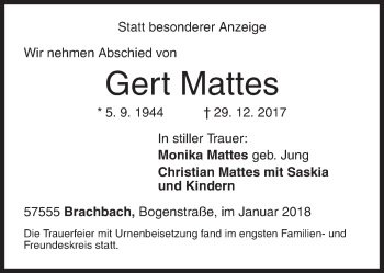 Traueranzeige von Gert Mattes von Siegener Zeitung
