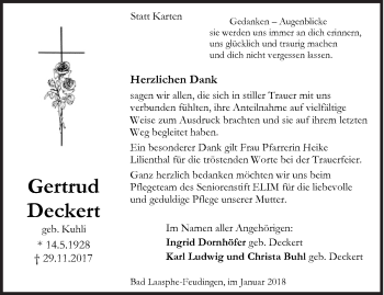 Traueranzeige von Gertrud Deckert von Siegener Zeitung