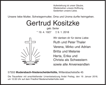 Traueranzeige von Gertrud Kositzke von Siegener Zeitung