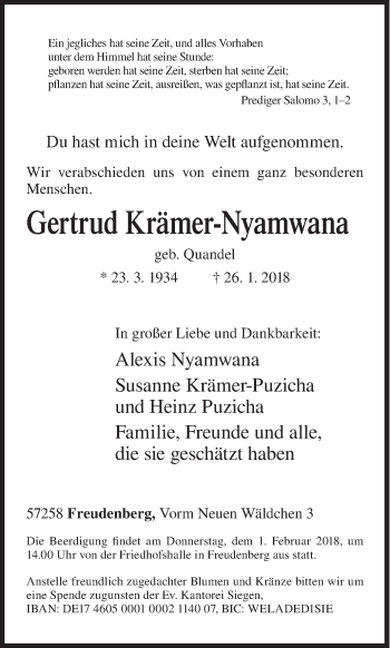 Traueranzeige von Gertrud Krämer-Nyamwana von Siegener Zeitung