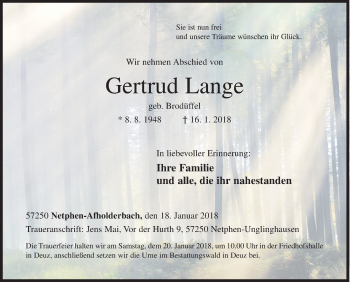 Traueranzeige von Gertrud Lange von Siegener Zeitung