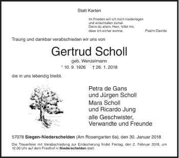 Traueranzeige von Gertrud Scholl von Siegener Zeitung