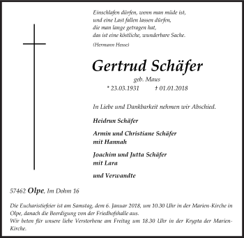 Traueranzeige von Gertrud Schäfer von Siegener Zeitung