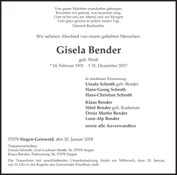 Traueranzeige von Gisela Bender von Siegener Zeitung
