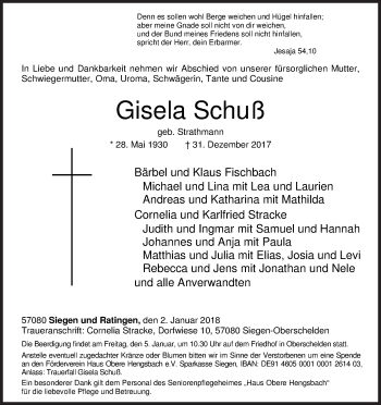 Traueranzeige von Gisela Schuß von Siegener Zeitung