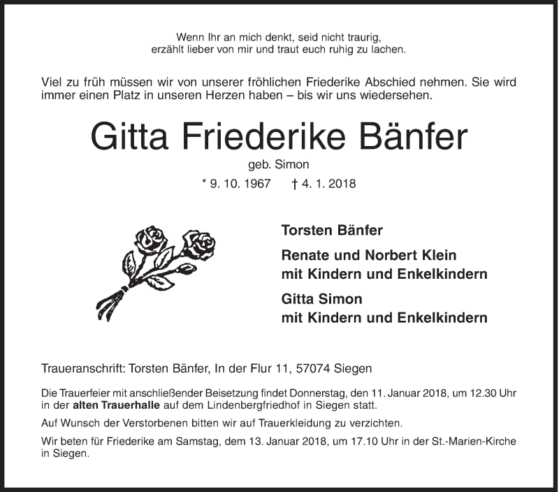 Traueranzeige für Gitta Friederike Bänfer vom 08.01.2018 aus Siegener Zeitung