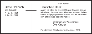 Traueranzeige von Grete Hellbach von Siegener Zeitung