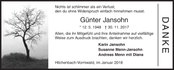 Traueranzeige von Günter Jansohn von Siegener Zeitung