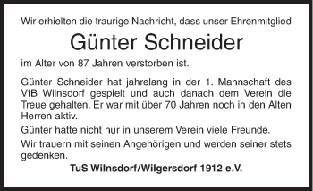 Traueranzeige von Günter Schneider von Siegener Zeitung