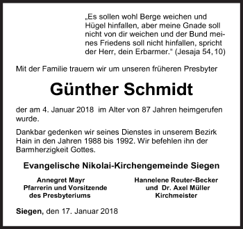 Traueranzeige von Günther Schmidt von Siegener Zeitung