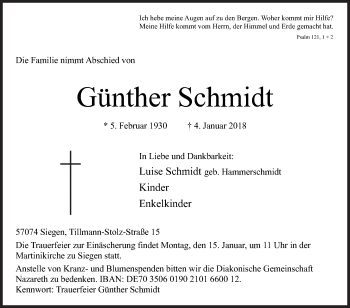 Traueranzeige von Günther Schmidt von Siegener Zeitung