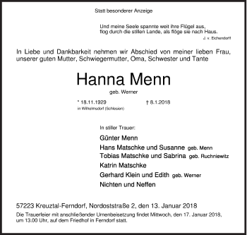 Traueranzeige von Hanna Menn von Siegener Zeitung
