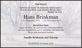 Traueranzeige von Hans Brinkman von Siegener Zeitung