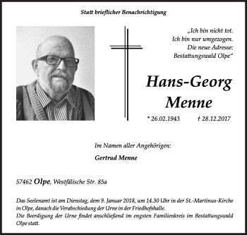 Traueranzeige von Hans-Georg Menne von Siegener Zeitung
