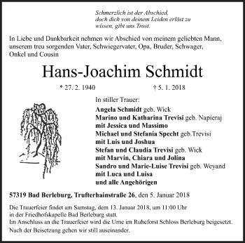 Traueranzeige von Hans-Joachim Schmidt von Siegener Zeitung