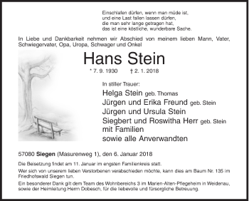 Traueranzeige von Hans Stein von Siegener Zeitung