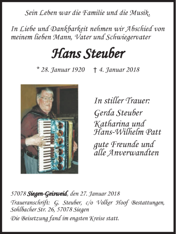 Traueranzeige von Hans Steuber von Siegener Zeitung