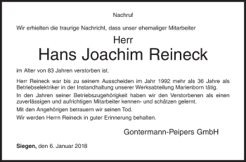 Traueranzeige von Hans Joachim Reineck von Siegener Zeitung