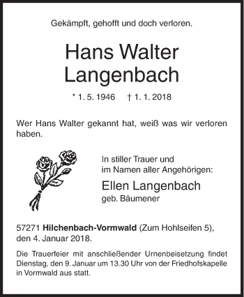 Traueranzeige von Hans Walter Langenbach von Siegener Zeitung