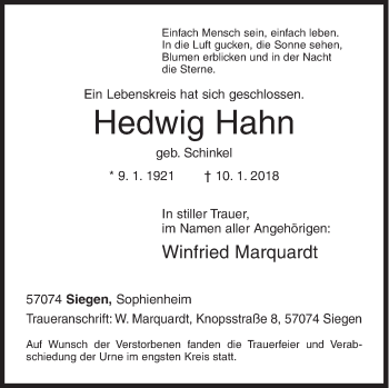 Traueranzeige von Hedwig Hahn von Siegener Zeitung