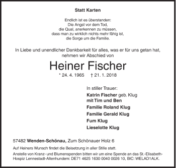 Traueranzeige von Heiner Fischer von Siegener Zeitung