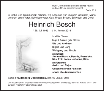 Traueranzeige von Heinrich Bosch von Siegener Zeitung