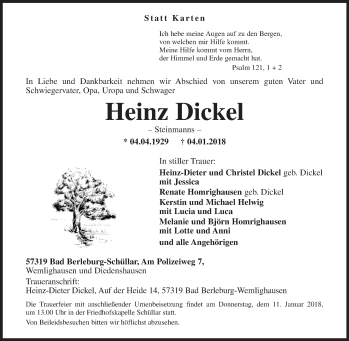 Traueranzeige von Heinz Dickel von Siegener Zeitung