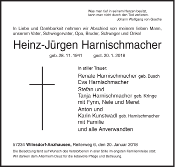 Traueranzeige von Heinz-Jürgen Harnischmacher von Siegener Zeitung