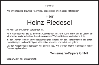 Traueranzeige von Heinz Riedesel von Siegener Zeitung