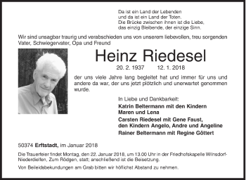 Traueranzeige von Heinz Riedesel von Siegener Zeitung