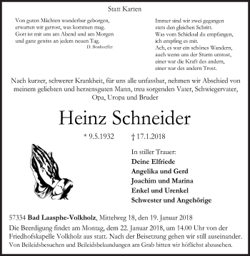 Traueranzeige von Heinz Schneider von Siegener Zeitung
