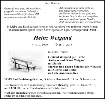 Traueranzeige von Heinz Weigand von Siegener Zeitung