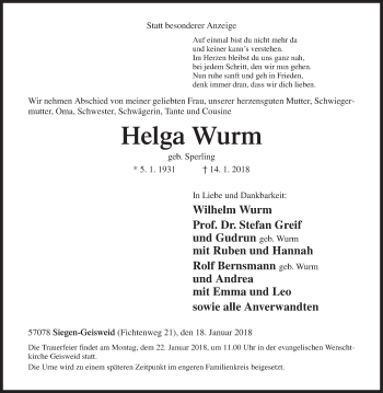 Traueranzeige von Helga Wurm von Siegener Zeitung