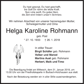 Traueranzeige von Helga Karoline Rohmann von Siegener Zeitung