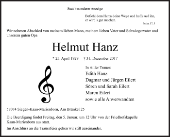 Traueranzeige von Helmut Hanz von Siegener Zeitung