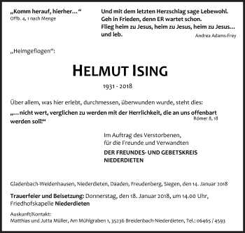 Traueranzeige von Helmut Ising von Siegener Zeitung