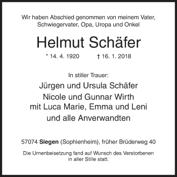 Traueranzeige von Helmut Schäfer von Siegener Zeitung