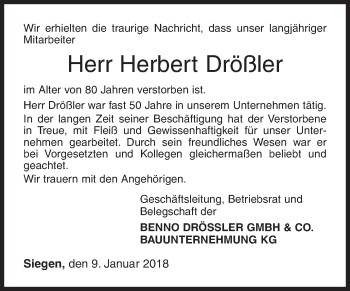 Traueranzeige von Herbert Drößler von Siegener Zeitung