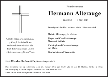 Traueranzeige von Hermann Alterauge von Siegener Zeitung