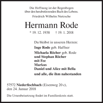 Traueranzeige von Hermann Rode von Siegener Zeitung