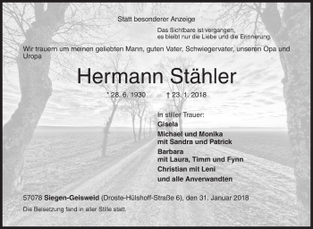 Traueranzeige von Hermann Stähler von Siegener Zeitung