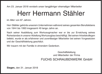 Traueranzeige von Hermann Stähler von Siegener Zeitung