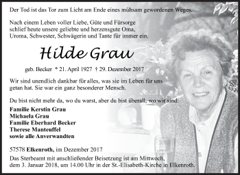 Traueranzeige von Hilde Grau von Siegener Zeitung