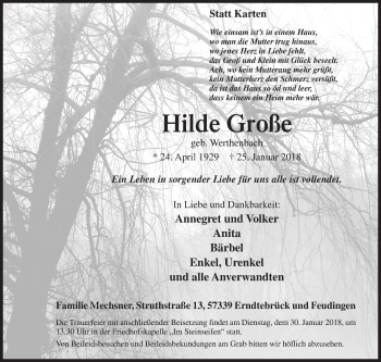 Traueranzeige von Hilde Groß von Siegener Zeitung