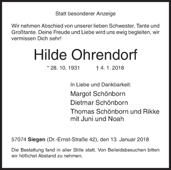 Traueranzeige von Hilde Ohrendorf von Siegener Zeitung